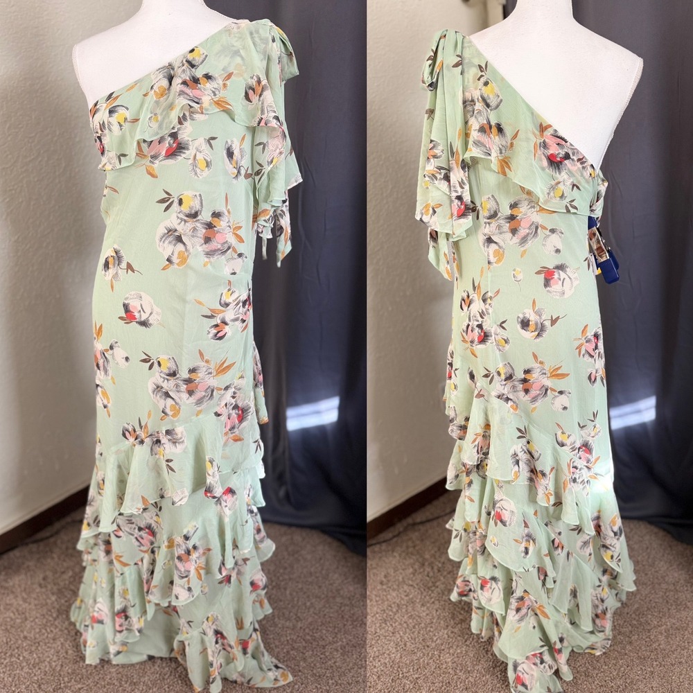 Lauren Ralph Lauren Floral Crinkled Georgette Gown Sage Green One Shoulder 18 - Picture 3 of 8